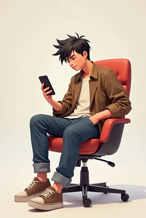 App promotion Boy character sitting for chair One hand pocket OR 2nd Hand using mobile focus 