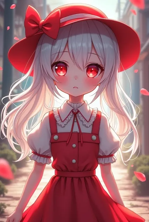 I want a girl with a red hat and white hair and with red clothes that are a top and some old sleeves and that has a red skirt and that has white skin and that has red eyes and that is like an anime character make a video that you made it