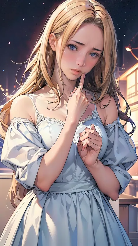 {Highest quality}, {so beautiful}, {Very detailedな}, {Best illustrations}, Browsing Caution, Siggy&#39;s hairstyle, Siggy&#39;s Costume, One girl, Blonde, Green Eyes,  long hair, Big ample breasts, Cleavage, skinny,bangs, Looking down on the audience, Blus...