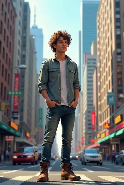 Create a 20 year old white man with curly hair, not looking directly at the camera make him standing in a city