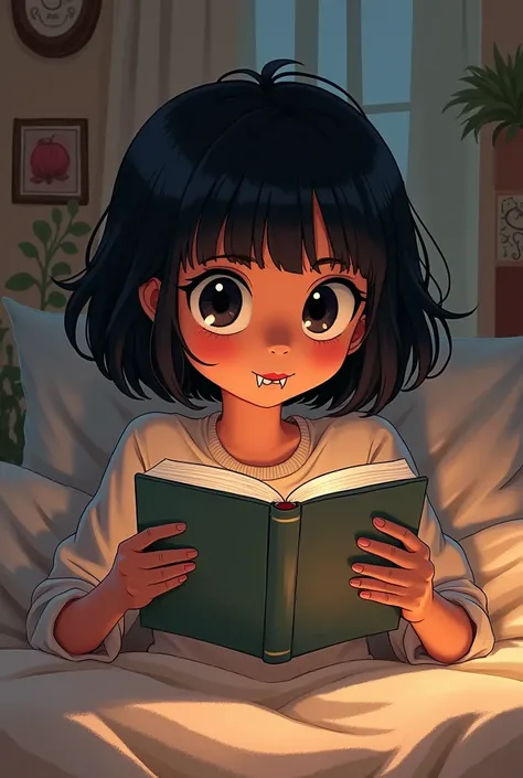 Draw a girl who appears to have short hair just below her shoulders., dark eyes almost black dark skin almost brown, no bangs but the front part is a little shorter hair, with that cut that leaves the fringe looking like a curtain and a snake bites piercin...