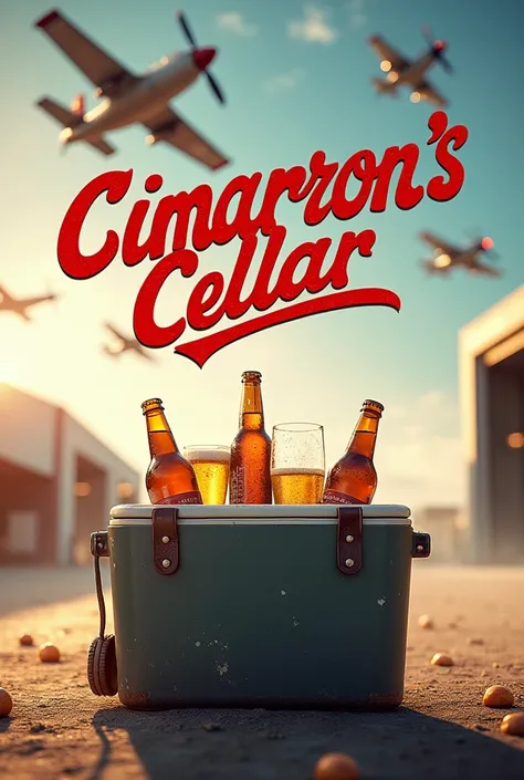 Make a cooler with some cold beers and some fighter planes and write the Cimarron&#39;s cellar in red cursive letters 