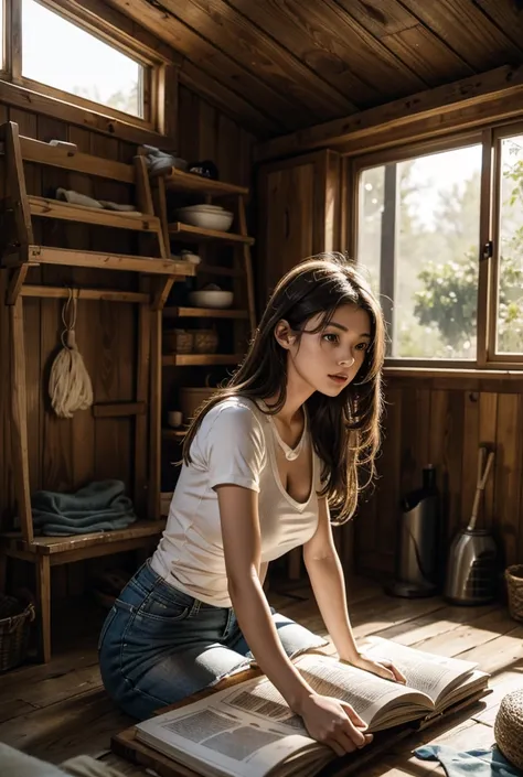 scene showing the atmosphere inside a simple wooden house. showing 3 people. Ayu (a 20 year old girl) sits on the floor, diligently doing her schoolwork. In the corner of the room, a woman is seen, her 40 year old mother weaving cloth while a 4 man (her fa...