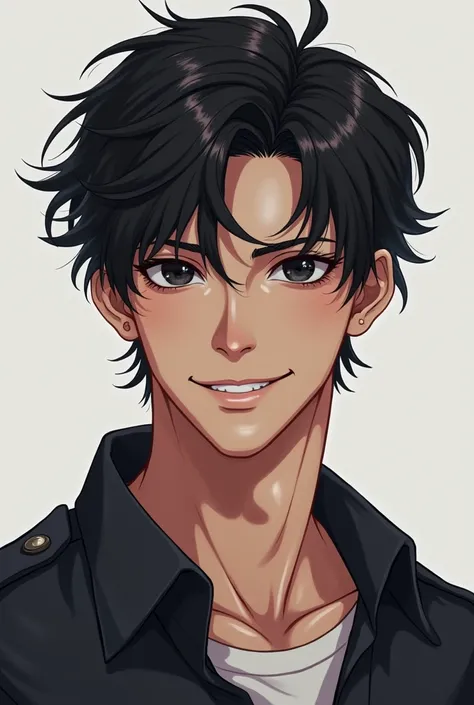 A teenage male around , with man&#39;s features, everything, muscular, with unruly but well-groomed hair, with a flirtatious smile , pale complexion, black hair and black eyes,uniform dress