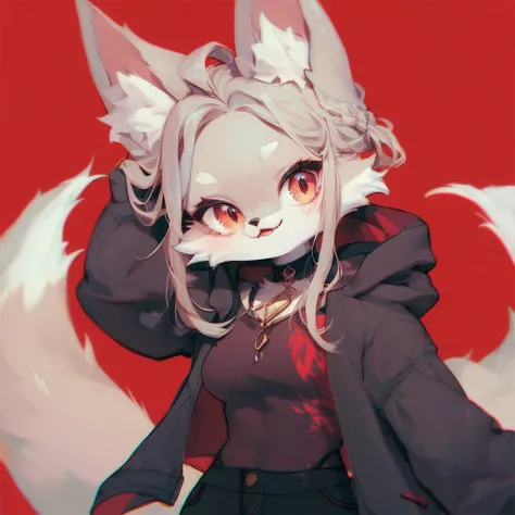 1girl, fox girl, cute fox, anthro, black hood, black pants, red background