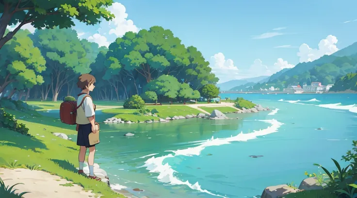 Ghibli-style anime man listening to music　Ghibli-style illustrations　Beach