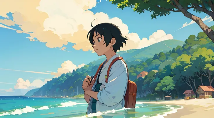 Ghibli-style anime man listening to music　Ghibli-style illustrations　Beach　jazz