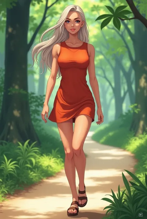 beautiful tanned anime woman, aged 27, red orange sleeveless t-shirt dress, sandals, walking in the park on the path, very fit, medium muscles, long brunette hair with platinum blonde highlights, medium breasts