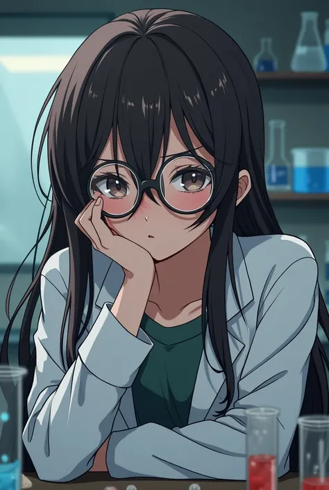 Anime Female scientist, long and messy dark brown hair, face that shows fatigue and kindness and has dark circles under her eyes and she use round glasses.
