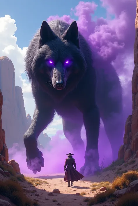 a giant black monster-like wolf with purple eyes and black and purple smoke coming out of its body, and the wolf is on all fours. The character should be styled in a fantasy RPG art style, set in the Wild West.