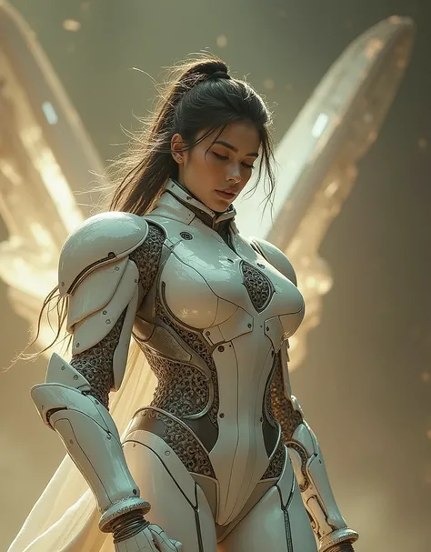 masterpiece, Best Quality, ultra realistic, hyperdetailed, 8k resolution, raw photo, sharp focus, (1 girl), Alone, beautiful face, perfect body, mature woman, 25 years,  portrait, mecha, white armor, natoraj, sexy, messy hair, cinematographic, cinematograp...