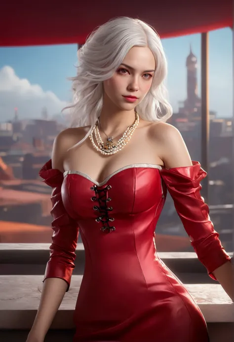 ((Masterpiece, Best Quality, Highest Image Quality, High Resolution, Photorealism, RAW Photos, 8k)), A female game character, 3d Graphics, upper body, long white hair, off-shoulders, red dress, rococo fashion, long sleeves, corset, pearl jewelry, in the to...