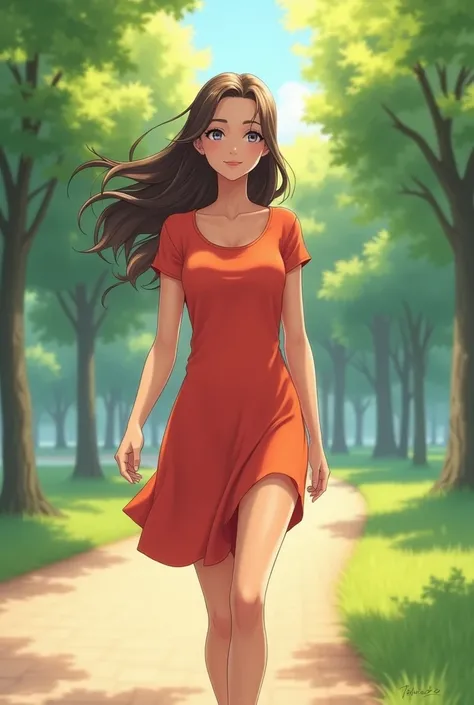 beautiful tanned anime woman, aged 27, red orange cap sleeve bateau neckline t-shirt dress, sandals, walking in the park on the path, very fit, medium muscles, long brunette hair with platinum blonde highlights, medium breasts