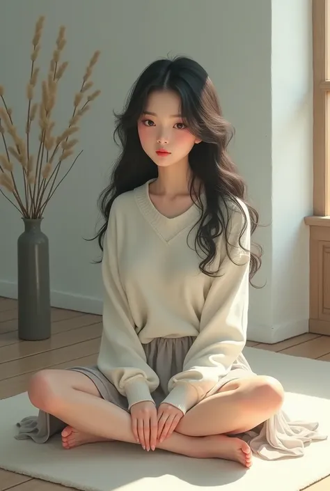 I created a Chinese girl in a white sweater and short skirt sitting on the floor 