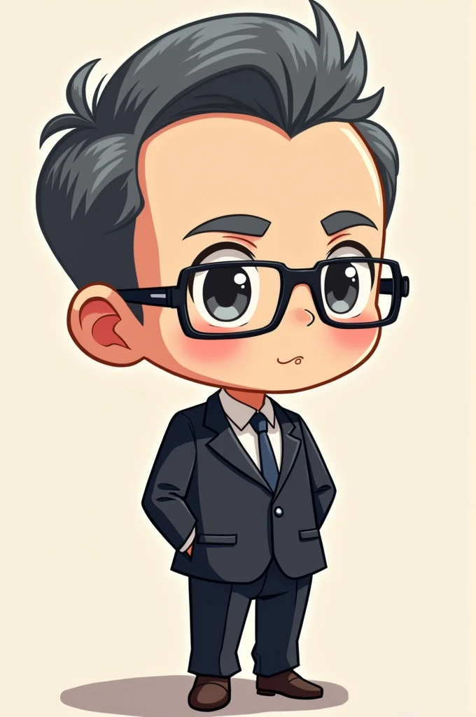 Handsome Middle aged man with slick back graying black hair, wearing glasses and suit. Anime Chibi style. Cute. Small. Tiny.