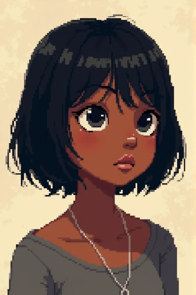 A black girl with short straight black hair in pixel style