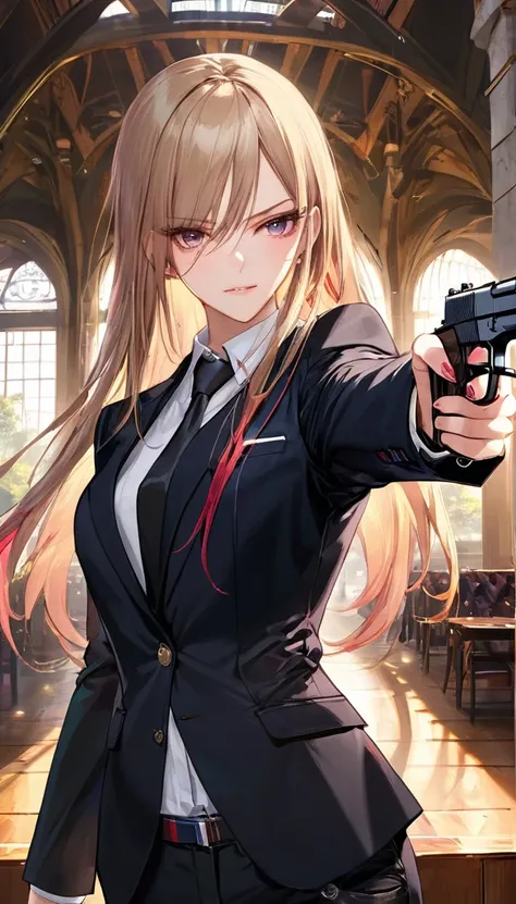 (masterpiece, best quality:1.2), 1girl, solo,perfect face, cool girl, long hair, detailed background,assassin, black suit, having a handgun,