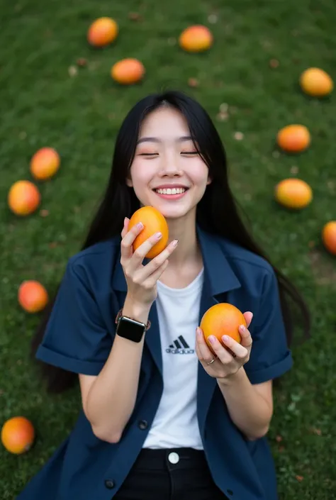 Beautiful Korean Women , smooth white skin, well-groomed face,black hair ,Korean-style bun,sweet smile happy expression. Navy short shirt . white t-shirt with letter logo (health) black knee length cargo pants ,selfie watch eyes focus forward,while holding...