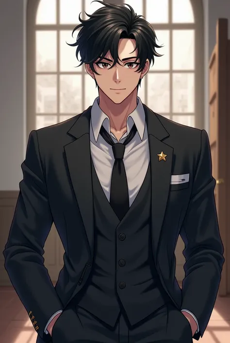 A teenage male around , with man&#39;s features, high, muscular, with wavy but well-groomed hair, with a flirtatious smile , pale complexion, black hair and black eyes, dominant aura, school uniform dress 