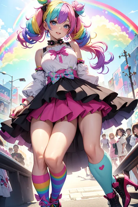 (masterpiece), Highest quality, Perfect Face, 8k, Laughter of joy, ((Rainbow Hair)), (Curly Hair), (Human face), [Small breasts], Waist:1.3, Long legs, Black Ear, whole body,
break, 
((Layer with colorful accessories)), Pastel designer heels, (Mismatched t...