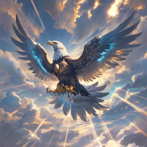 The majestic eagle soars in the dazzling beam of light, Wings outstretched，Against a dramatic sky，Golden sunlight pierced through the clouds，form a beam of light. Wearing exquisite golden armor, The eagle exudes power and nobility against a starry sky back...