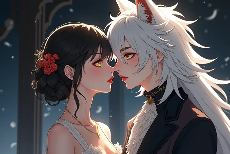 Elegant anime style, ((Height difference)), like, couple, (masterpiece, the best:1.0), ((couple)), ((A woman)), Two people, Male fox(Beautiful white skin)(short hair)(Fox ears)(Male characteristics), A beautiful Japanese woman with pink eyes, Long eyelashe...