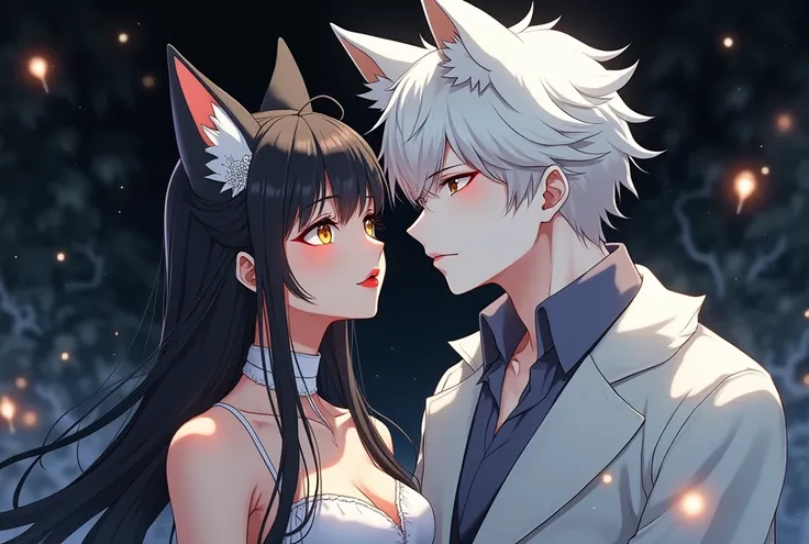 Elegant anime style, ((Height difference)), like, couple, (masterpiece, the best:1.0), ((couple)), ((A woman)), Two people, Male fox(Beautiful white skin)(short hair)(Fox ears)(Male characteristics), A beautiful Japanese woman with pink eyes, Long eyelashe...