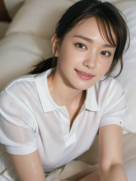 (Masterpiece, Best quality:1.4), (Ultra realistic, Photo-realistic:1.2), Full body, (Women lying down on bed:1.2), (overhead shot:1.4), Natural light, 2 actress, Japanese women, Neat and clean, (White Tennis uniform, White short-sleeve polo shirt, White pl...