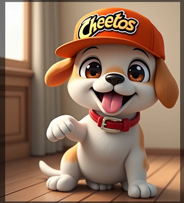 The image shows a cute cartoon-like dog with an exaggerated, happy expression. Its wearing an orange cap with the "Cheetos" logo on it, and its tongue is sticking out in a playful manner. The dogs eyes are wide open, adding to its excited and energetic app...