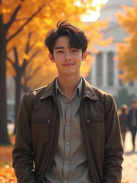 20-23 yaer old Japanese handsome， he is a university student （Super detailed, Realistic, best quality, 4K, 8k, High resolution, masterpiece:1.3)The background is university. The season is fall, he looks happy ( realistic pic only)