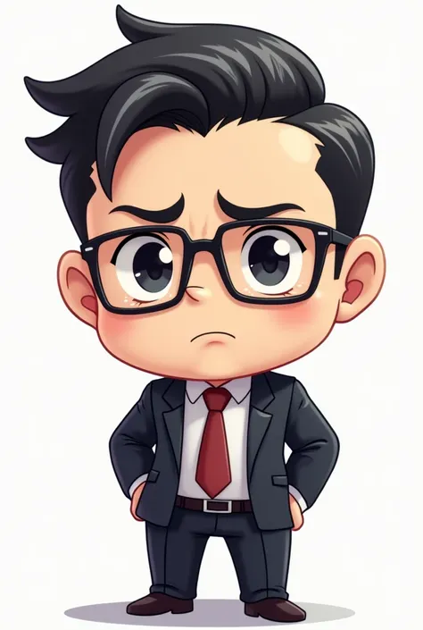 Handsome Middle aged man with slick back black graying hair, wearing glasses and suit. Black eyes Anime Chibi style. Cute. Small. Tiny. Tired. Serious. Workaholic.