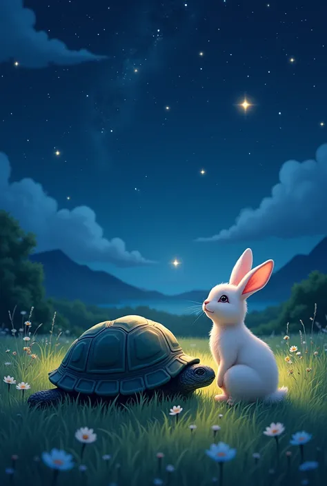 Turtle and a beautiful bunny Under the stars
