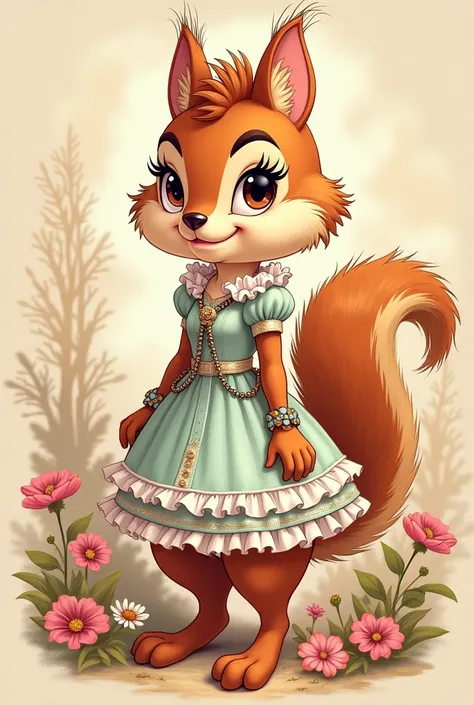 female squirrel with aesthetic hair and aesthetic and cute dress with chip and dale drawing style