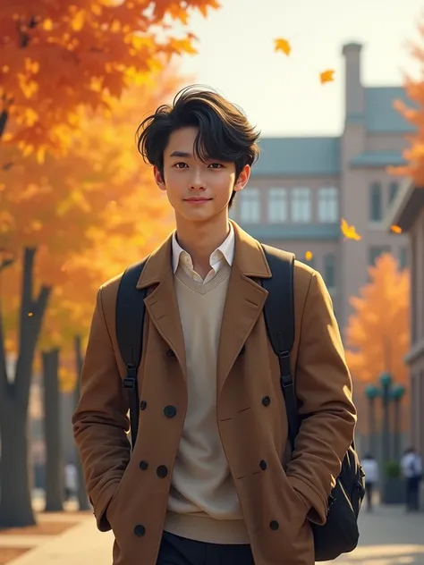 20-23 yaer old Japanese handsome， he is a university student （Super detailed, Realistic, best quality, 4K, 8k, High resolution, masterpiece:1.3)The background is university. The season is fall, he looks happy ( realistic pic only)