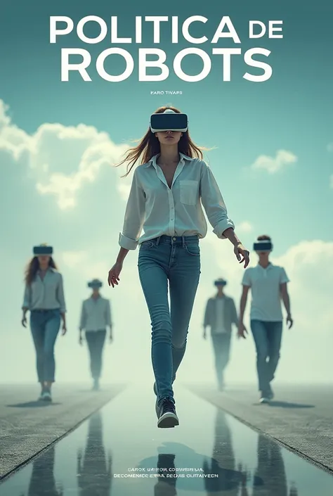  Suspenseful Movie Poster, The cover of a movie poster clearly says big text Politica de Robots and below  La ciencia, un fanstama que recorre el mundo. A  full body young woman with virtual reality glasses walking in the air. Behind her, more people with ...