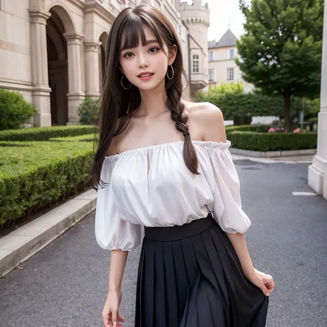 laughing out loud，1 female, 2，Black chiffon pleated long skirt，White top，Skirt length to ankle，Outside the castle，light brown hair, blunt bangs, hair behind ears, Shoulder length hair, long hair, Braided hair for a slender figure，超face slimming型, face slim...