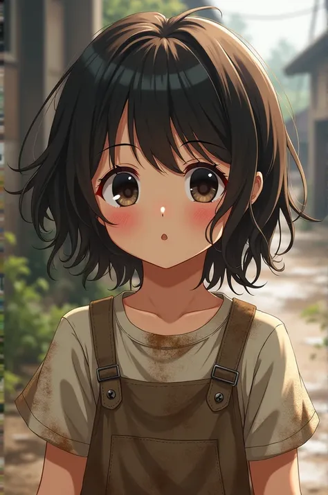 Manga child brunette black eyes with muddy clothes