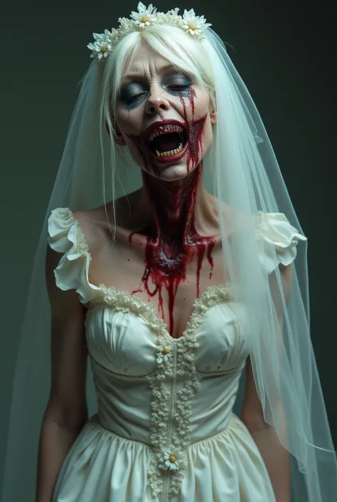 A hideous woman dressed as a bride in a white gown, her expression is one of sadness and loneliness. Her thin, monstrous body is deformed, with blood seeping from her eyes. Her face is partially covered by a nearly transparent satin veil. The overall aesth...