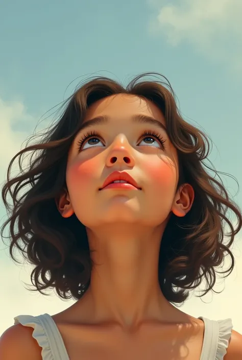 Drawing of a girl with wavy hair and dark skin looking curiously at the sky