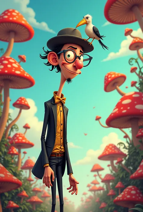 {{A ((whimsical)) depiction of {a ((tall, lanky man wearing oversized glasses and a quirky outfit))}}} with {a ((booby bird perched on his head, pecking at his hat))}. This is a {((cartoonish and playful))}-inspired image that showcases {((the mans amused ...