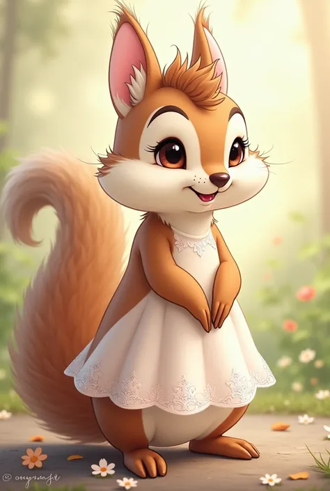 female squirrel with aesthetic hair and cute dress, soft and aesthetic with chip and dale drawing style