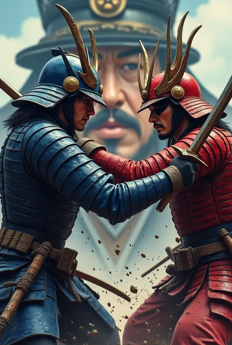 Japanese warlords Sanada Yukimura and Date Masamune engaged in sword fighting, Movie Posters,anime, Date Masamune is 25 years old, wears a crescent moon helmet, a black eyepatch, and shiny blue armor, and fights with three swords in each hand., Yukimura Sa...