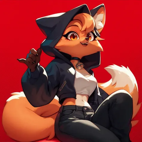 1girl, fox girl, cute fox, anthro, black hood, black pants, red background