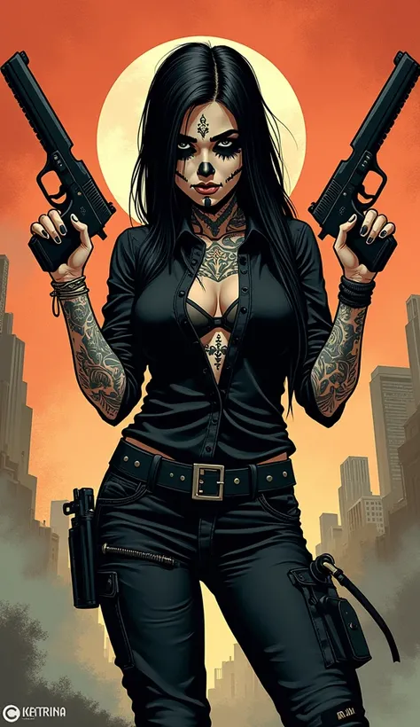 The new Catrina which is a young woman with straight black hair, grey eyes, black layered top blouse, black cargo pants and military boots, Posing with his two guns, his body is full of tattoos and his face is made up/tattooed with the makeup representing ...