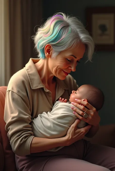 Elderly woman with short colored hair holds a newborn baby in her arms 