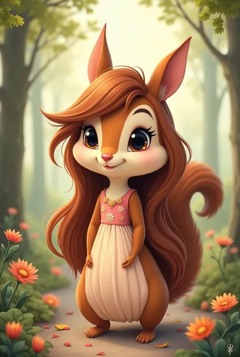 female squirrel with long hair, that the tips are wavy with bangs and a cute dress, soft and aesthetic with chip and dale drawing style