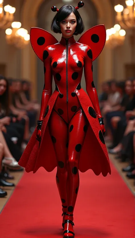 (Best quality, 8K, A high resolution, Masterpiece:1.2, DSLR, 16k ), Ultra-detailed, (Realistic, Photorealistic, photo-realistic:1.37), Imagine a high-fashion runway show in Paris featuring a model with a striking blend of 65% ladybug and 35% human characte...