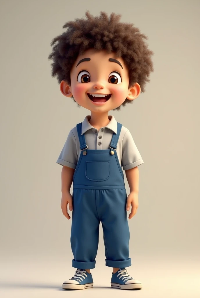 Boy with curly hair in kindergarten uniform with a half blue and half grey jumpsuit with blue pants