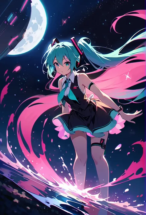 women, Hatsune Miku, fantasy, moon, water on ground, space,