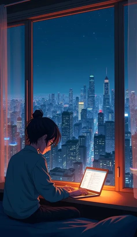 A anime lone figure sits by an illuminated window, working on a laptop, overlooking a densely populated urban landscape. The scene is set at night, with a starry sky casting a serene glow over the city. Tall buildings, adorned with numerous lit windows, cr...